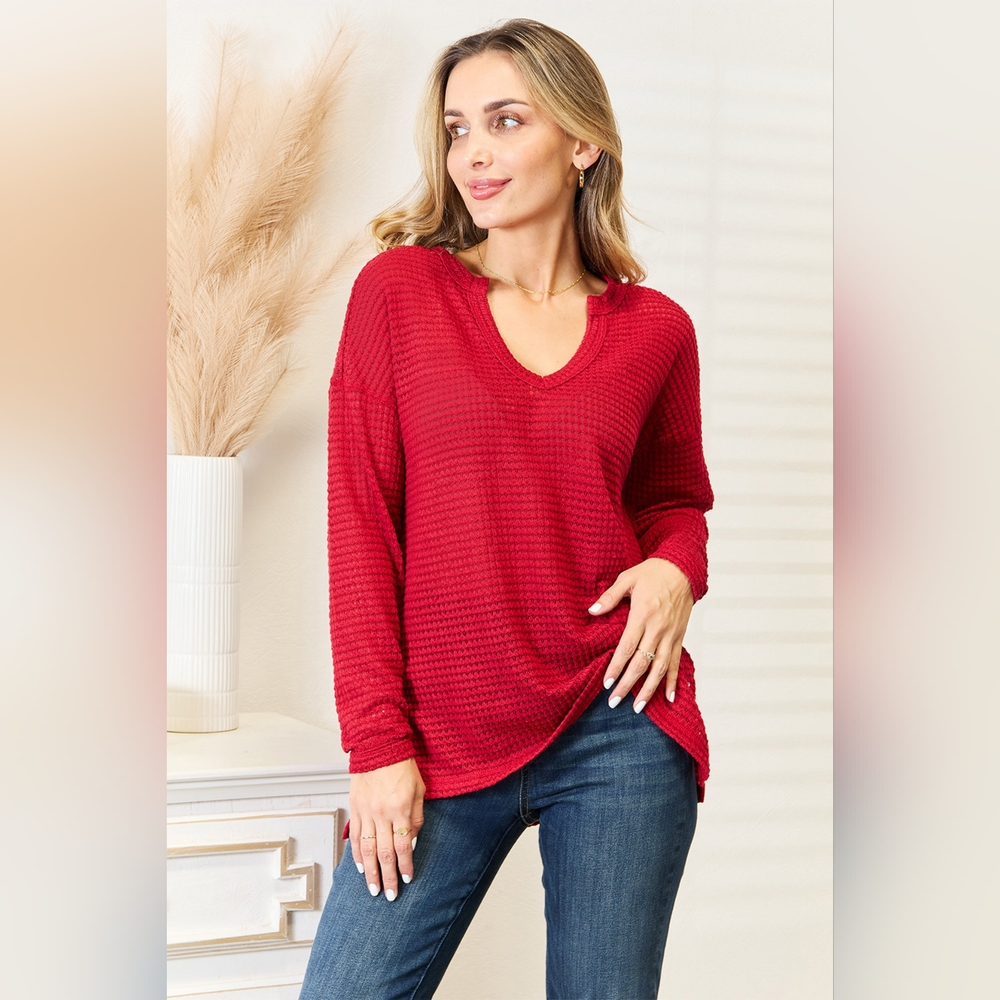 Culture Code Designer Red Waffle Knit Wide Notch Neckline Relaxed Fit Top - Picture 3 of 11